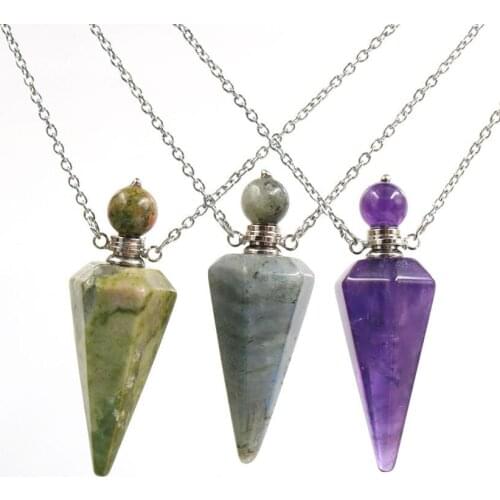 1PC Natural Stone Perfume Bottle Pendant Gems Stone Diffuser Color Fluorite Essential Oils Pendant For Necklace For Women