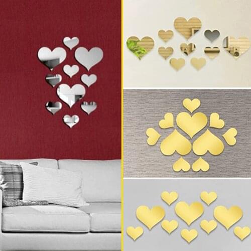 10PCS Love Heart Acrylic Mirror Wall Sticker Emovable DIY Background Wall Living Room Art Home Decoration Wall Sticker