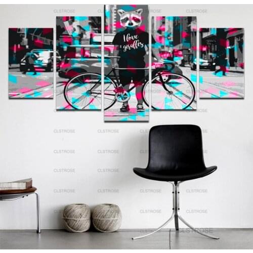 5Pcs Decorative Canvas Painting Wall Raccoon On The Road Poster Home Wall Art Canvas Hd Printing Irregular Decorative Painting