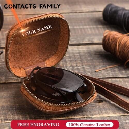 CONTACTS FAMILY Multi-Function Portable Folding Sunglasses Storage Box Genuine Leather Glasses Case Eyewear Pouch With Zipper