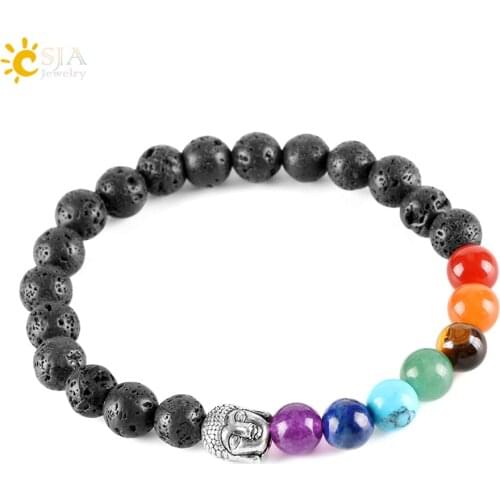 CSJA Natural 8mm Round Black Lava Volcanic Stone Beads Reiki 7 Chakra Buddha Bracelet Jewelry Women Men Prayer Bracelets E276