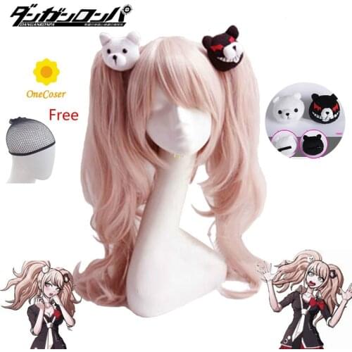 Danganronpa Enoshima Junko Cosplay Wig Pink Curly Long Ponytail Bear Clip Synthetic Hair + Free Wig Cap Party Role Play Girls
