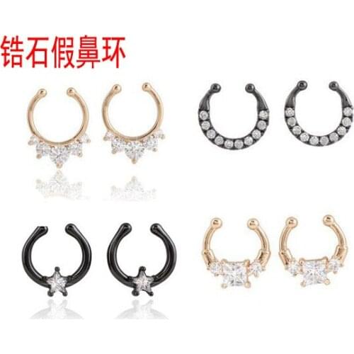 False Nose Ring Hole Nose Clip Folk Style Shiny Green Copper Ring Fake Nose Ring for Women B21 and Zircon U