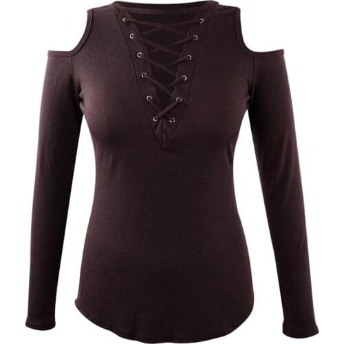 Sexy Streetwear Off Shoulder Bandage T-shirt Womens Tops Long Sleeve V-neck Slim Solid Fashion Clothing T shirt
