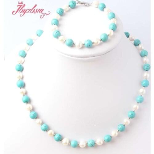 Hot Round Freshwater Pearl Stone Beads Wedding Necklace Bracelet Set Bridal Jewelry For Women Elegant Party Gift Fashion Costume