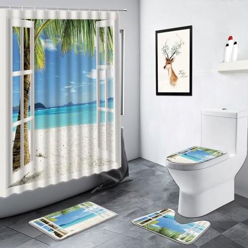 Palm Trees Creative Window Ocean Scenery Shower Curtain Sea Beach Summer Natural Landscape Toilet Mat Non-slip Rugs Bathroom Set