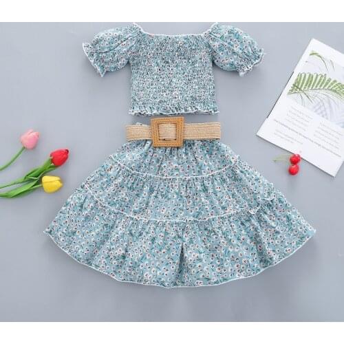 Summer Girls Clothes for Holiday Children Clothes Sets Flowers/Leopard Printed Off Shoulder T Shirts Ruffles Skirts with Belt