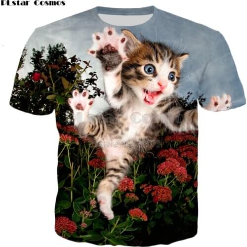 PLstar Cosmos 2019 New Fashion Men T-shirt pounce cat chicken flowers Funny animal 3d Print tshirt Unisex summer Casual t shirt