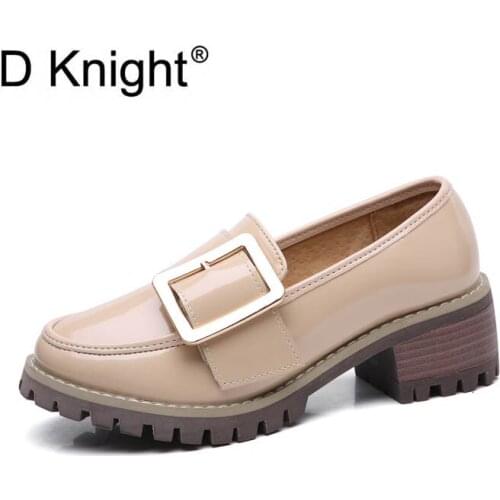 New Fashion Big Metal Buckle Decoration Women Casual High Heels Shoes Genuine Patent Leather Slip-on Women Pumps Ladies Loafers