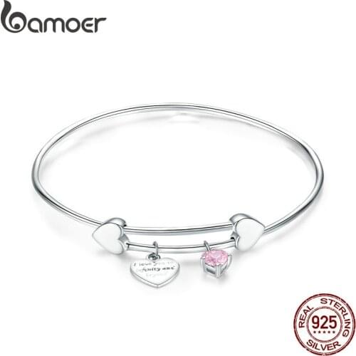 BAMOER Romantic Authentic 925 Sterling Silver I Love You Love Heart Female Bangles for Women Sterling Silver Jewelry SCB124