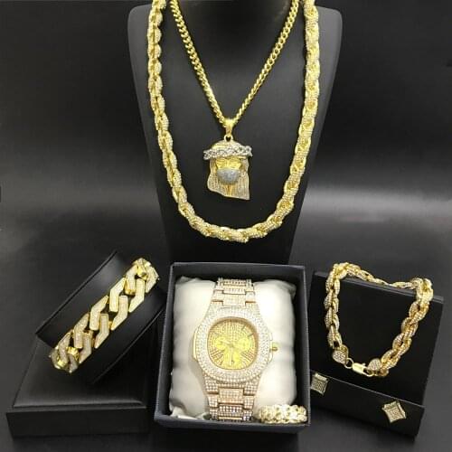 Luxury Men Gold Color Watch & Neckalce & Braclete & Ring & Earrings Combo Set Ice Out Cuban Jewerly In Crystal Neckalce For Men