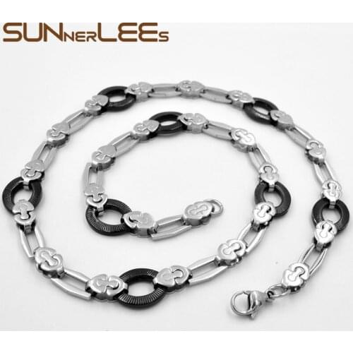 SUNNERLEES Jewelry Stainless Steel Necklace 13mm Geometric Link Chain Black Silver Color Men Women Gift SC143 N