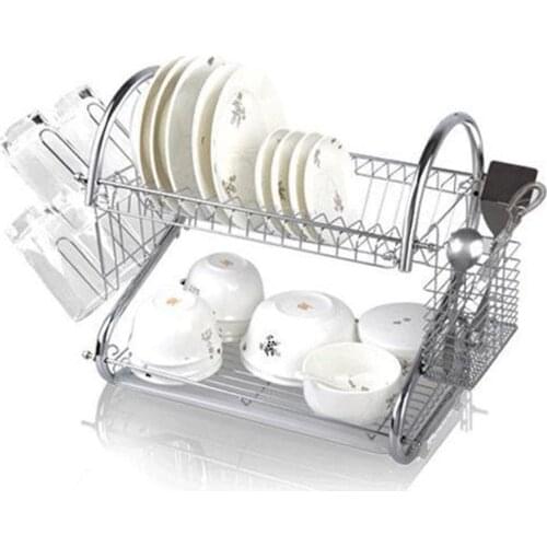Dish Drying Rack, Chrome Plated Iron Dish Draining Rack, 2-Tier Dish Drainer with Utensil Holder, Silver