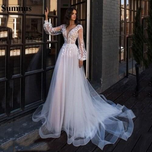 Sumnus Bohemian Wedding Dresses V Neck Long Sleeves Tulle Lace Appliques Boho Bridal Dress Princess Wedding Gowns