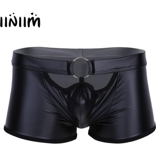 Sexy Men Underwear Wetlook Faux Leather Boxer Shorts Homme O-Ring Open Legs Boxers Lingerie Gay Panties Clubwear Hot Boxershorts