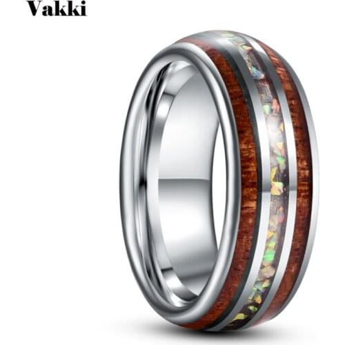 VAKKI 8mm Inlaid Wood Grain Opal Steel Dome Tungsten Carbide Ring Mens Fashion Wedding Jewelry Best Gift