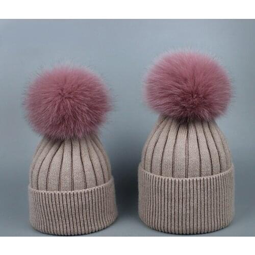Sheep Wool Knitted Hat with POMPOM Fox Fur Winter Kids Skully Cap Warm Children Beanies Family Look Mom and Child Hats
