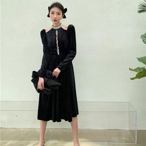 Spring And Autumn Womens Mini Party Chic Dress Black Palace Style French Retro Off-shoulder Velvet Dress Long-Sleeved