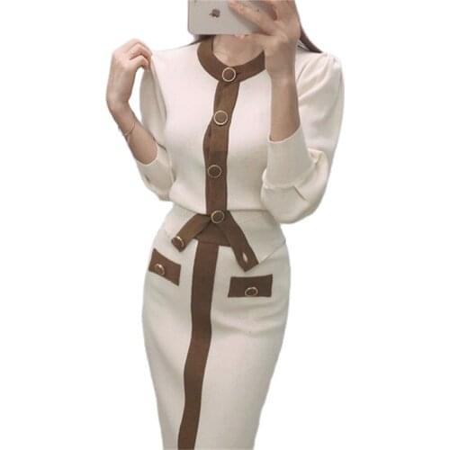 2020 Autumn Korean Knitted Color-blocked Two Piece Sets Women Long Sleeve Cardigan + Elastic Waist Long Skirt Suits Outfits
