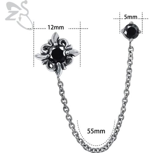 ZS 1 Pc Flower Shape Black Zircon Ear Stud Stainless Steel Earring Double Holes Piercing Earrings Punk Ear Pendant For Women Men