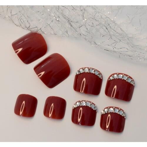 24pcs Crystal Diamond Decoration Toe False Toenail Tips Wine Red Designed Foot Fake Nails Manicure Art Toenails Beauty Tools