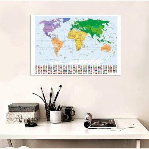 5*3 Feet Political Map of The World with National Flags Wall Poster Non-woven Canvas Painting Office Home Decor School Supplies