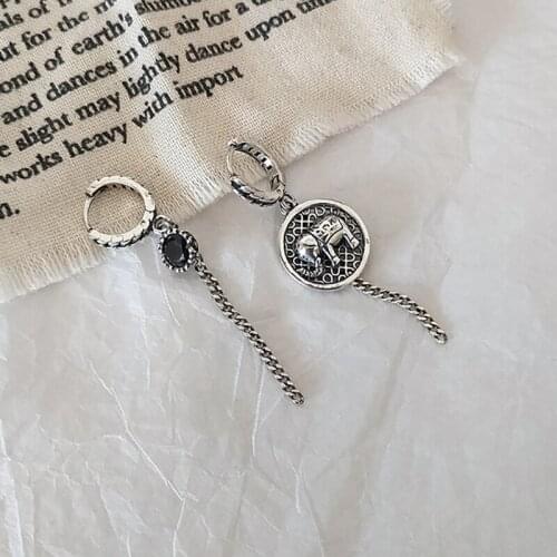 Asymmetric Elephant Black Cubic Zirconia Thai Silver Color Hoop Earrings For Women Girls Long Tassel Dainty Jewelry