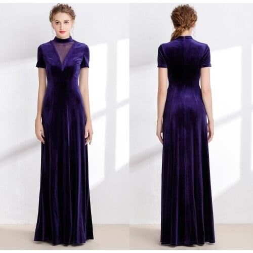 B0043 New slim Velour High Neck Dark Purple Short sleeves prom formal maxi floor-length Women Ball Gown Dresses Ruched A-Line