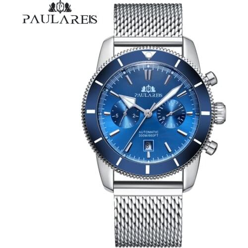 PAULAREIS New Rotatable Bezel Fashion Mens Mechanical Automatic Wristwatch Waterproof Casual Watches Stainless Steel Clock Mens