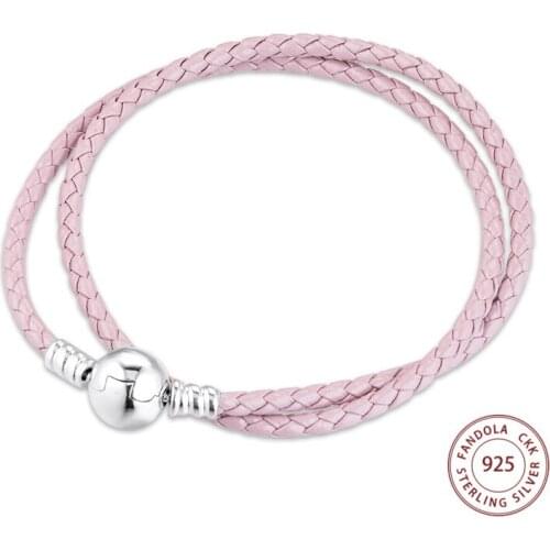 CKK Round Clasp Light Pink Braided Leather Bracelet 925 Sterling Silver Bracelets for Women Fine Jewelry Gift Pulseras Mujer
