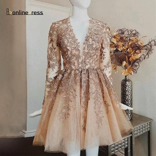 Champagne Long Sleeve Graduation Dress V Neck Lace Above Knee Girl Party Wear Cocktail Dresses Plus Size Custom Made