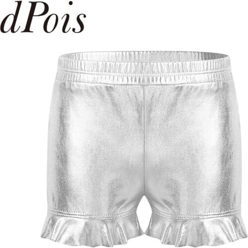 Kids Teens Girls Metallic Glossy Gymnastics Shorts Elastic Ruffled Shorts Tumbling Bottoms Ballet Cheer Dance Performance Shorts