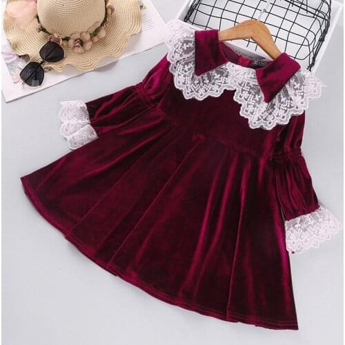 2021 New Girls Princess Dress Velvet Lace Lapel Embroidery Garment Back Zipper Palace Pleated Skirt for Children