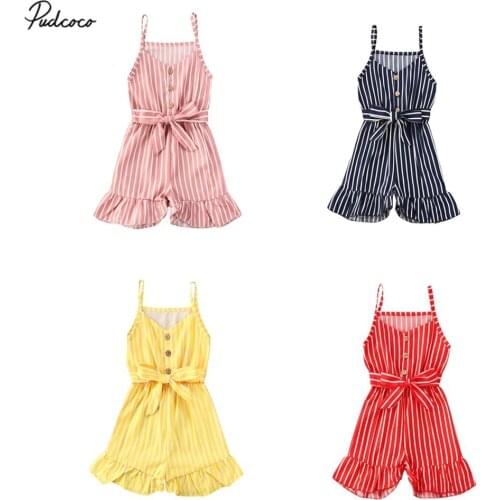 Breathable Little Girls Flouncing Jumpsuit, Sweet Style Summer Autumn Children Sleeveless Striped Suspender Siamese Trousers