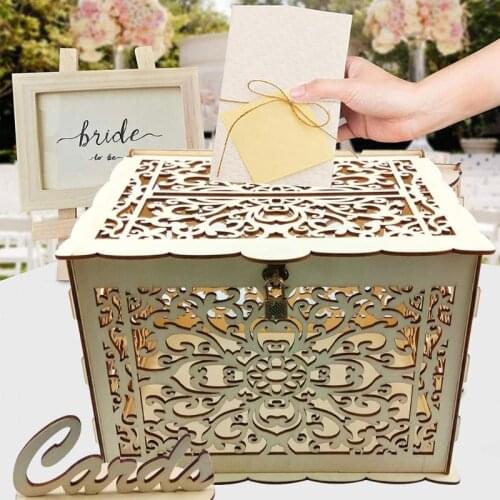 New DIY Wedding Gift Card Box Wooden Money Box with Lock Beautiful Wedding Decoration Supplies for Birthday Party Storage Money