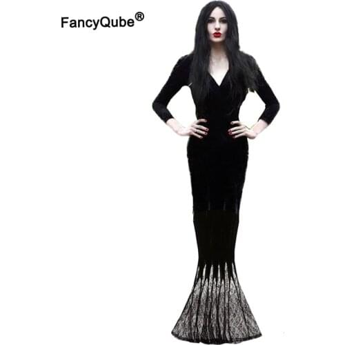 Morticia Addams Family Costume Sexy Mermaid Lace Dress Gothic Style Devil Women Terror Maxi Outfit Long Sleeves For Halloween