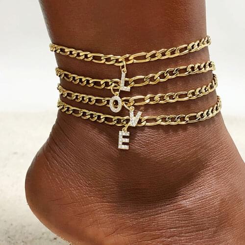 Crystal A-Z Letter Initial Anklets Bracelet for Women ,Cuban Link Anklet Stainless Steel Beach Leg Foot Chains Wholesale