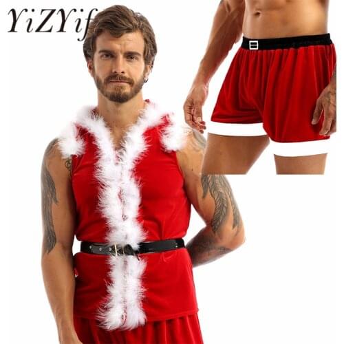 Men Christmas Xmas Outfits Sets Velvet Hooded Coat Sleeveless Faux Fur with Flannel Christmas Santa Claus Costume Holiday Boxer