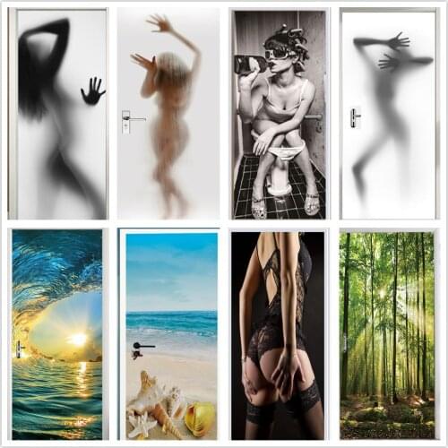 Sexy Women 3D Vinyl Self-adhesive Door Stickers For Bedroom Living Room Waterproof Home Design Renew Wallpaper Art Decor Murals