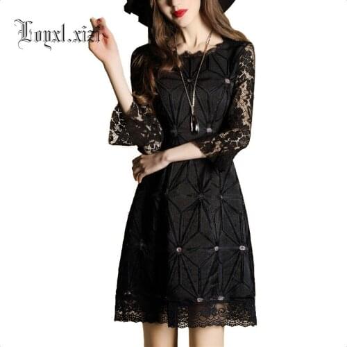 2018 new fashion women dress spring cute solid flare sleeve lace dresses black o neck three quarter female dress vestidos,HH0161