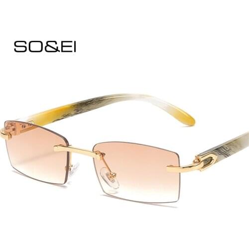 SO&EI Fashion Small Rectangle Women Sunglasses Vintage Rimless Clear Ocean Gradient Sun Glasses Brand Designer Men Shades UV400