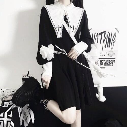 Autumn Women Lolita Black Long Sleeve Dress Gothic Harajuku Punk Sweet Dress Preppy Style Kawaii Fashion Temperament Mini Dress