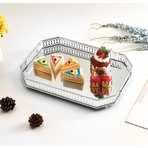 Silver Color Delicate Jewelry Storage Tray Glass Mirror Base Desktop Cosmetic Decorative Organize Plate Vanity Tray