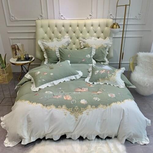 Luxury Soft Cozy Egyptian Cotton Thicken Sanded Bedding Set Flowers Embroidery Duvet Cover Flat/Fitted Sheet Pillowcases 4/6Pcs