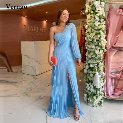 Verngo Light Sky Blue Draped Chiffon Evening Dress One Puffy Long Sleeves Slit Orange Simple Prom Dresses Plus Size Formal Gown