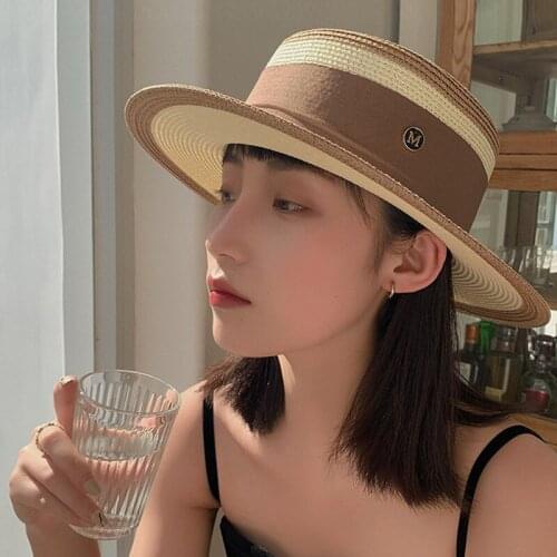 Fashion Womens Sun Hat Female Summer French M Letter Flat Top Straw Cap Visor Caps Ladies Sun Beach Hats Summer Hats For Women