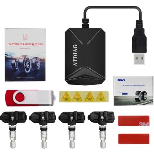 TPMS with 4 external sensors USB Android TPMS car tire pressure monitor 116 psi monitoring alarm system 5V wireless transmission