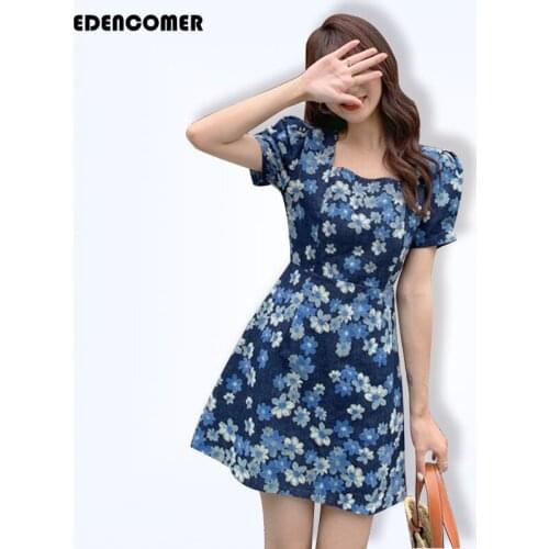 Vintage Mini Dresses 2021 Summer Square Neck Bubble Short-sleeved Mid-length Waist A-line Dresses Dark Blue Printed Denim Dress