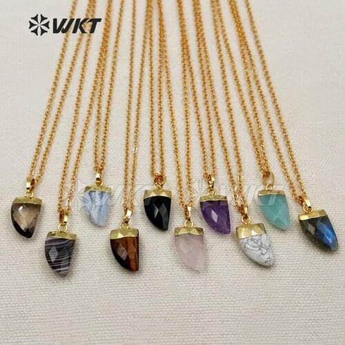 WT-N1090 WKT Wholesale Natural Stone Pendant Necklace With Gold Top Pendant For Women Fashion stone horn Necklace
