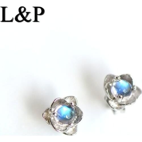 India And Nepal Handmade 925 Sterling Silver Jewelry Inlaid 3mm Natural Moonstone Retro Flower Lotus Earrings For Women